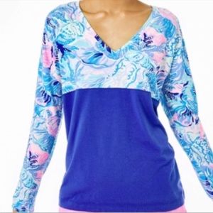 Lilly Pulitzer Finn V-Neck L/S Tee NWOT XXL. Saltwater Blue Shade Seekers